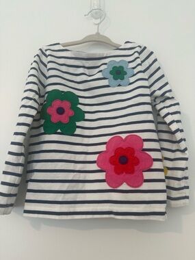 Mini Boden Navy & White Stripe Long-Sleeve Top with Colorful Flower Appliqués